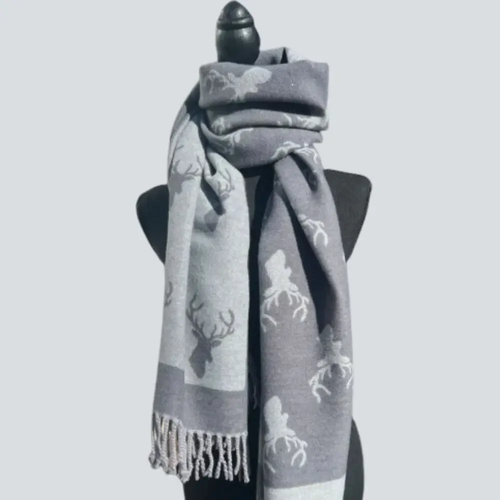 Westrian La Chasse Cashmere Feel Stag Head Winter Scarf with Fringe